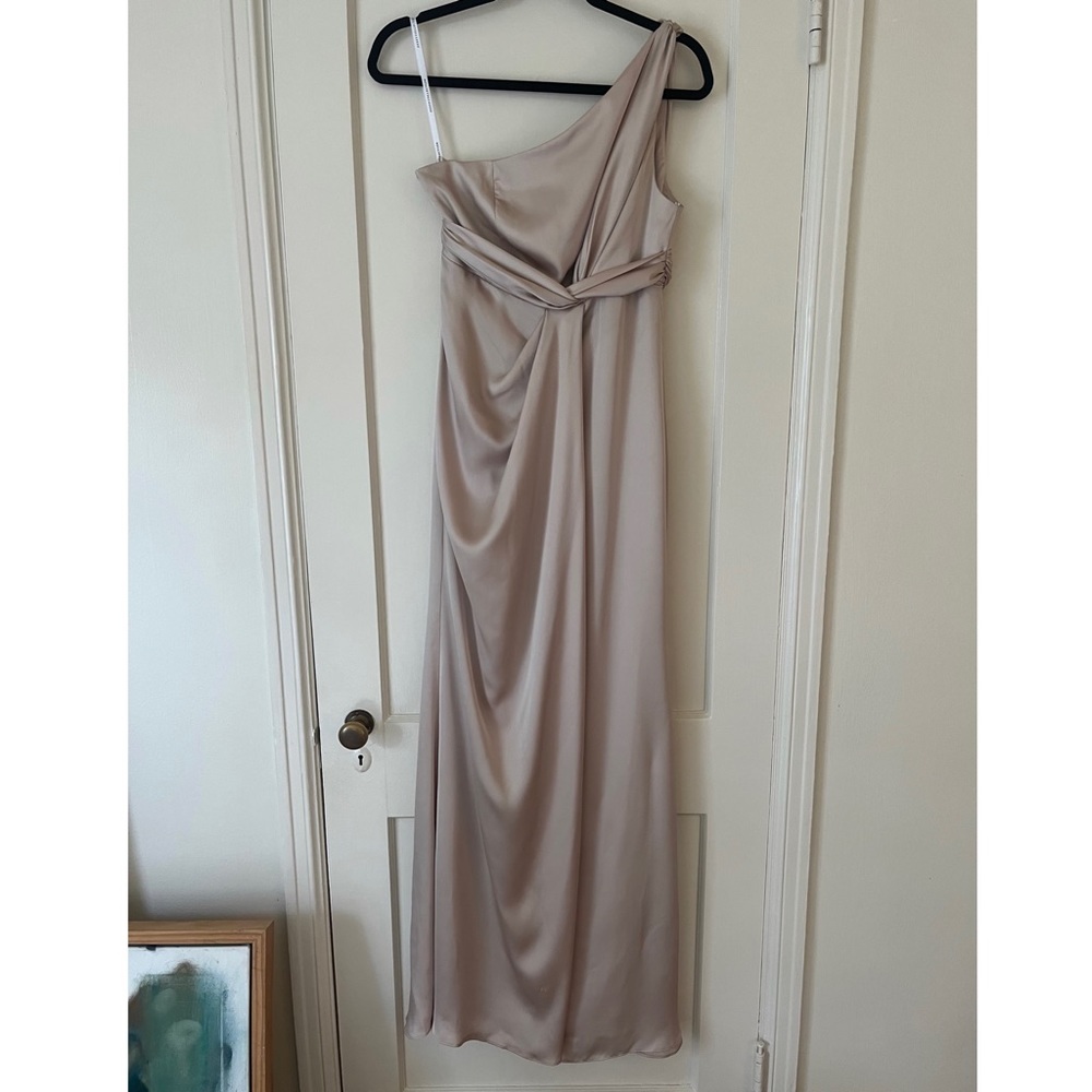 NWT Dessy Collection One-Shoulder Satin Bridesmaid Dress - Champagne